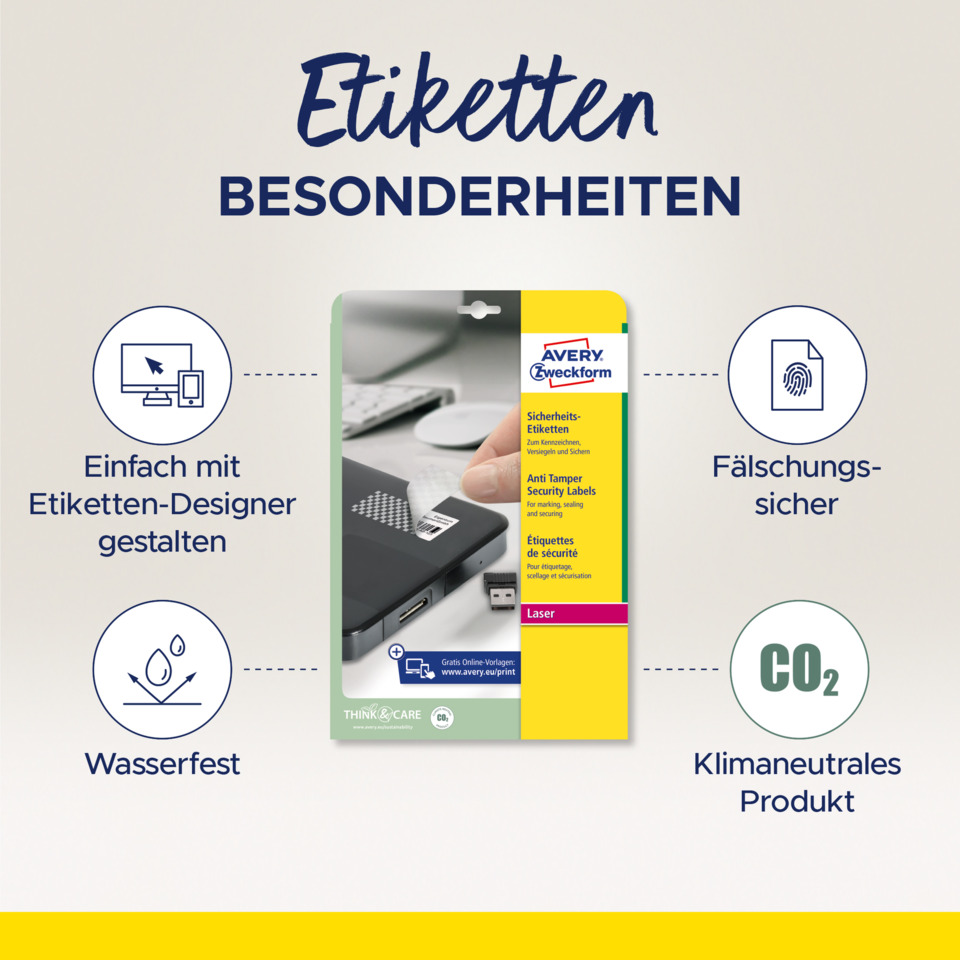 Etiketten, Sicherheitsetiketten, Antitik, Laseretiketten, Klimaneutrales Produkt