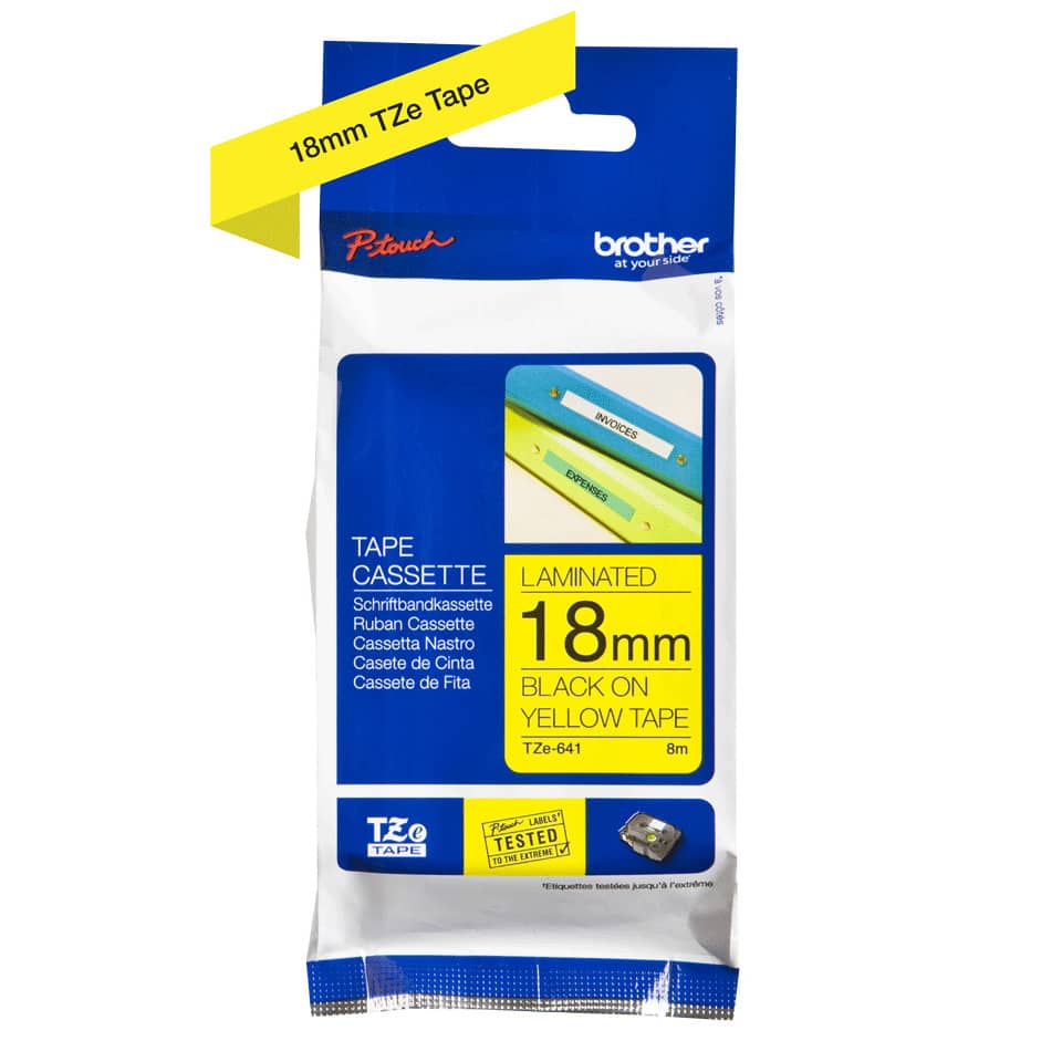 Kassette, Klebeband, 18mm, laminiert, Schwarz auf Gelb Tape