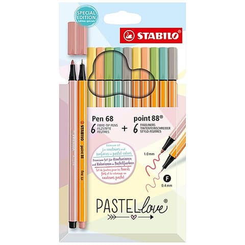 Fineliner Pen 68 / point 88® Etui „Pastellove“. Kartonetui mit 12 Stiften, sortiert in 6 Pastellfarben STABILO 6888/12-7-7