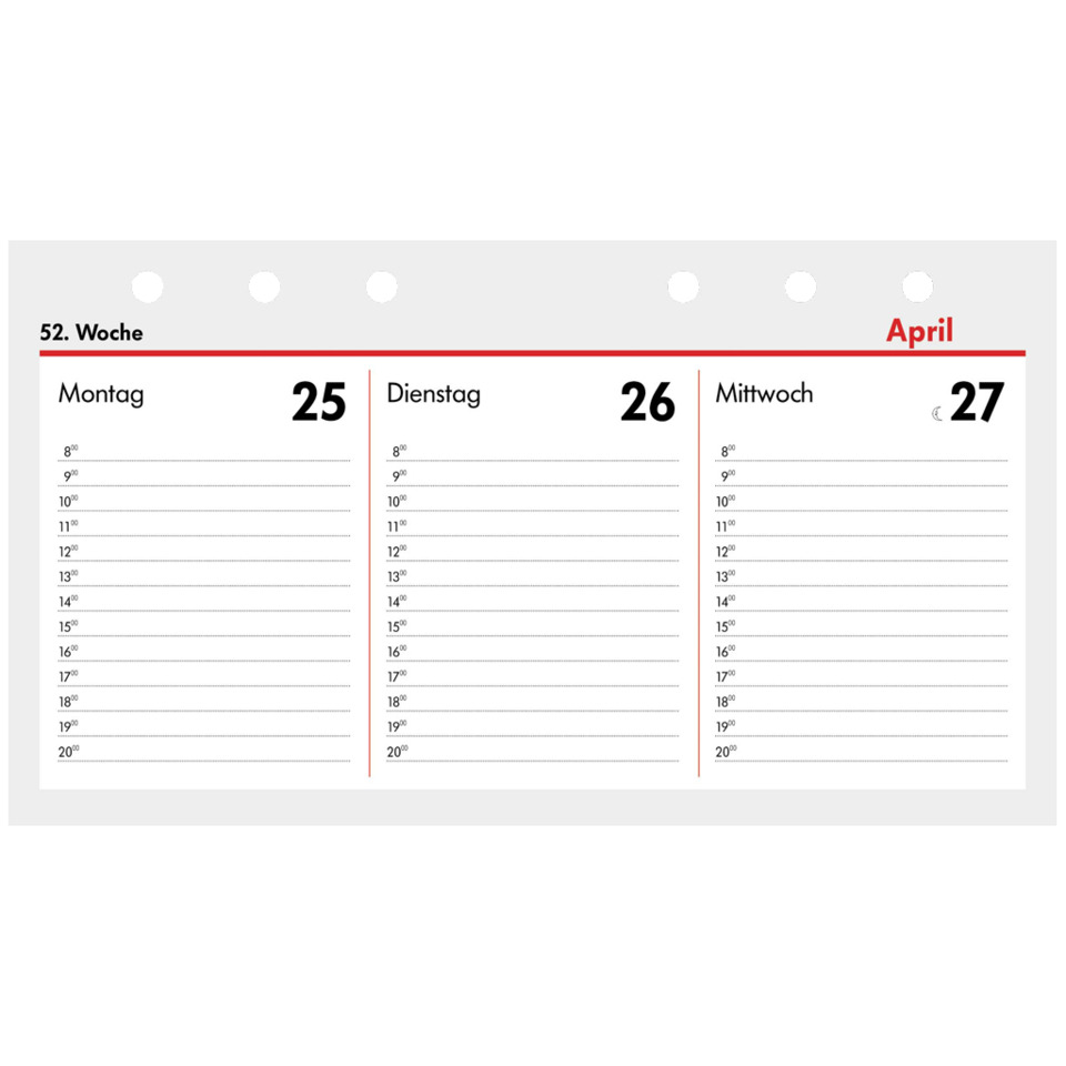 Tagesplaner, Kalender, Woche 52, Montag, Dienstag, Mittwoch, April, Zeitplan