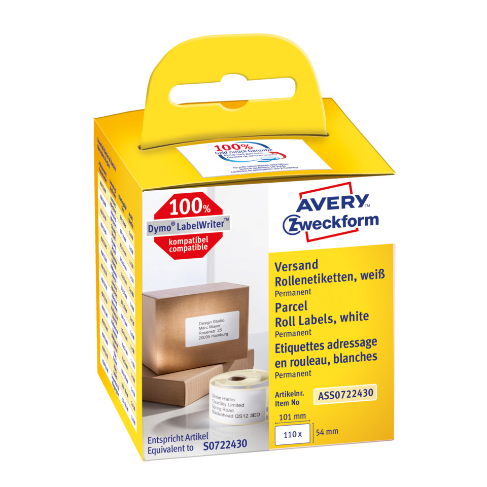 Etikettenrolle, LabelWriter, Rollenkartusche, Bürobedarf, Prozesspapier, Etiketten, Rollenetiketten, Beschriftung, Parcelletiketten, weiße Etiketten