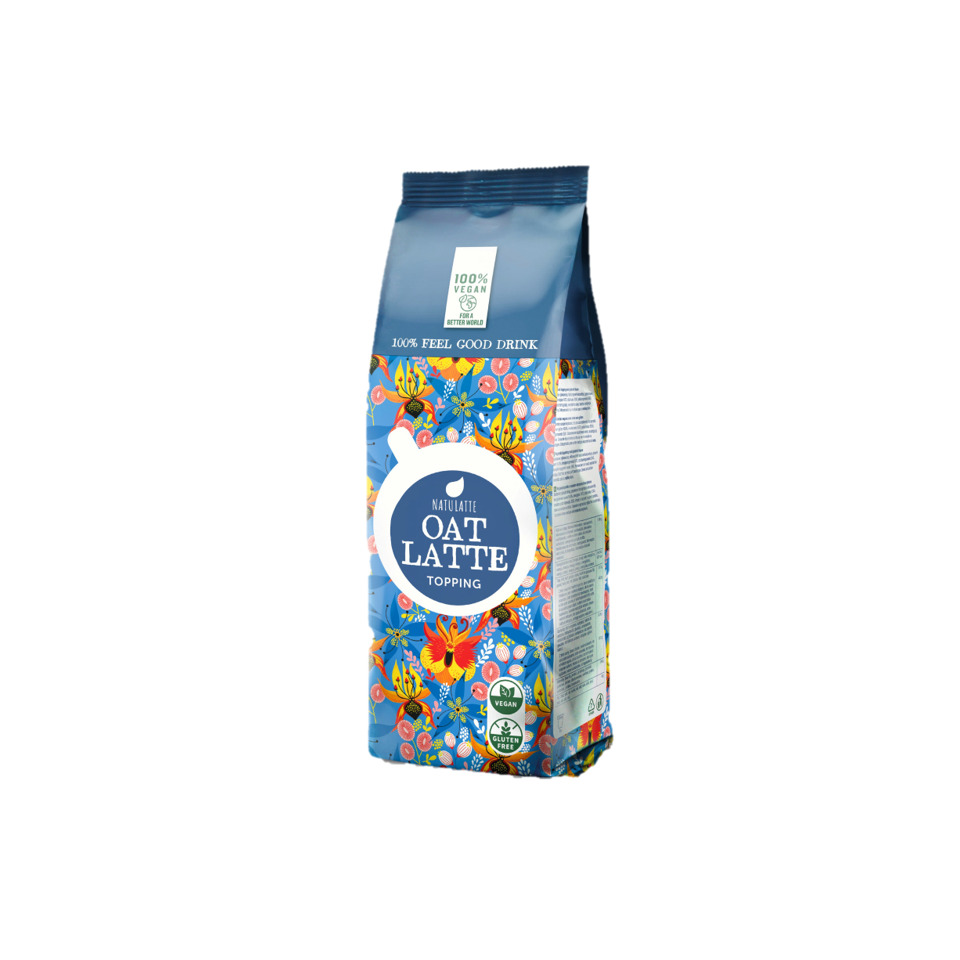 Oat Milk, Topping, Pflanzenbasiert, Blumenmuster, Blaues Beutel
