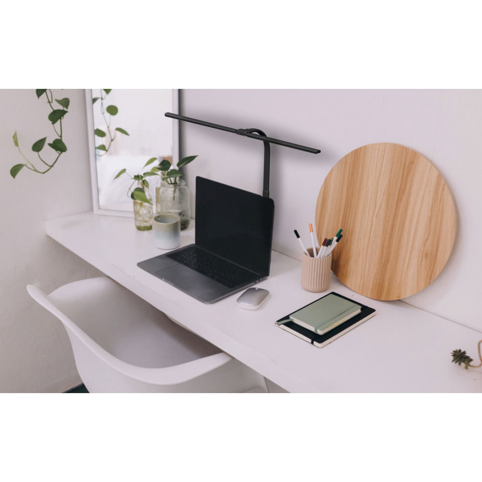 schreibtisch, laptop, lampe, pflanzen, zubehör