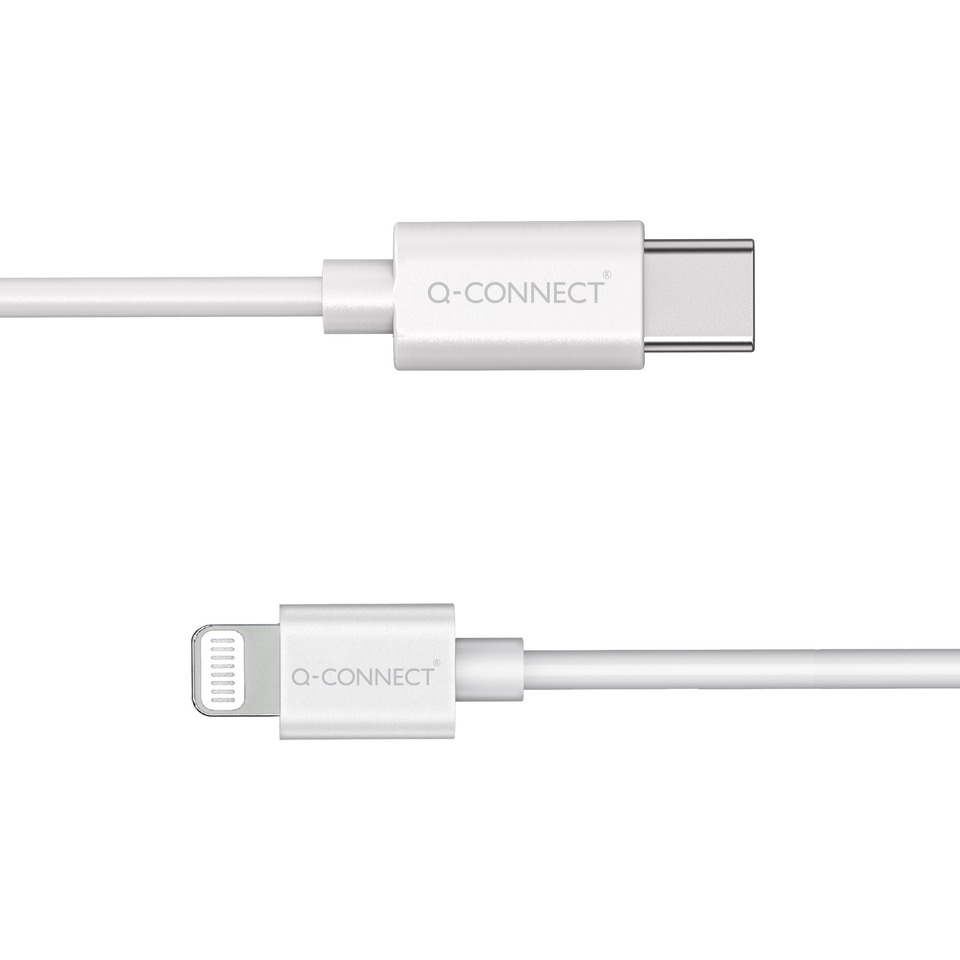 USB-C zu Lightning Kabel, Ladekabel, weißes Kabel, metallischer Anschluss, Q-CONNECT Markenkennung