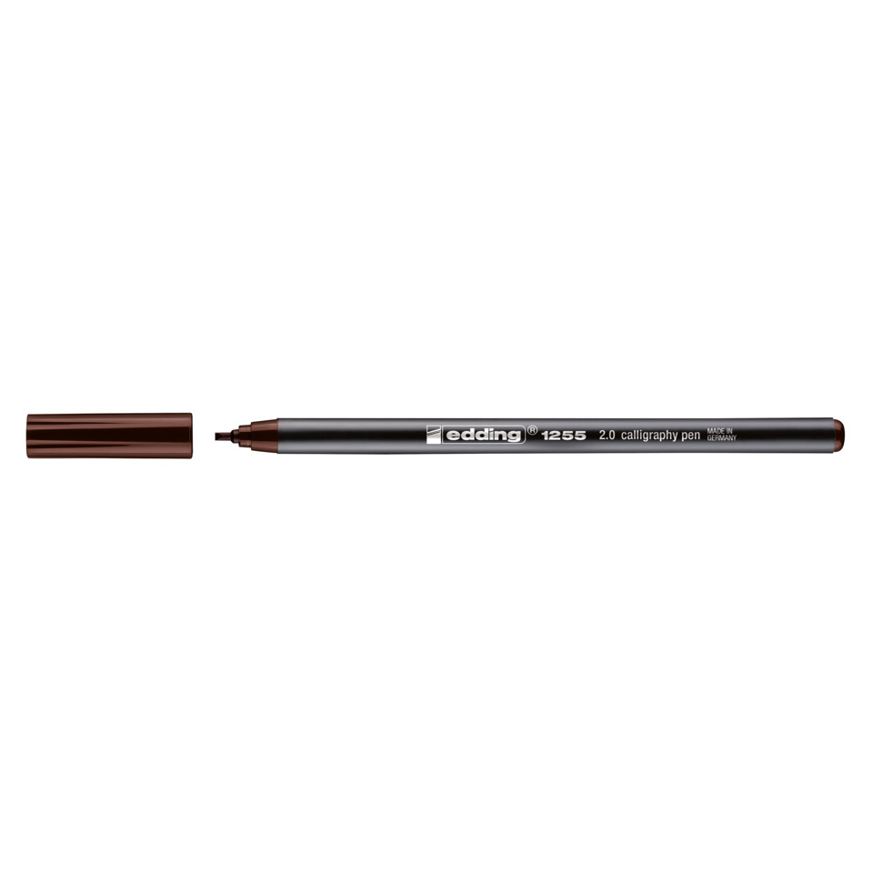 Kalligrafie-Stift, braune Tinte, Metallgehäuse, Kappe abgenommen, Feinspitze