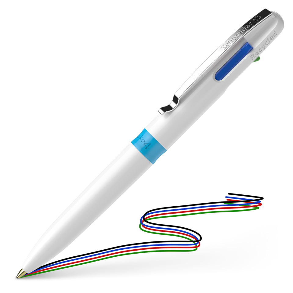 Kugelschreiber, weißer Körper, Metallclip, blauer Griff, farbige Drähte