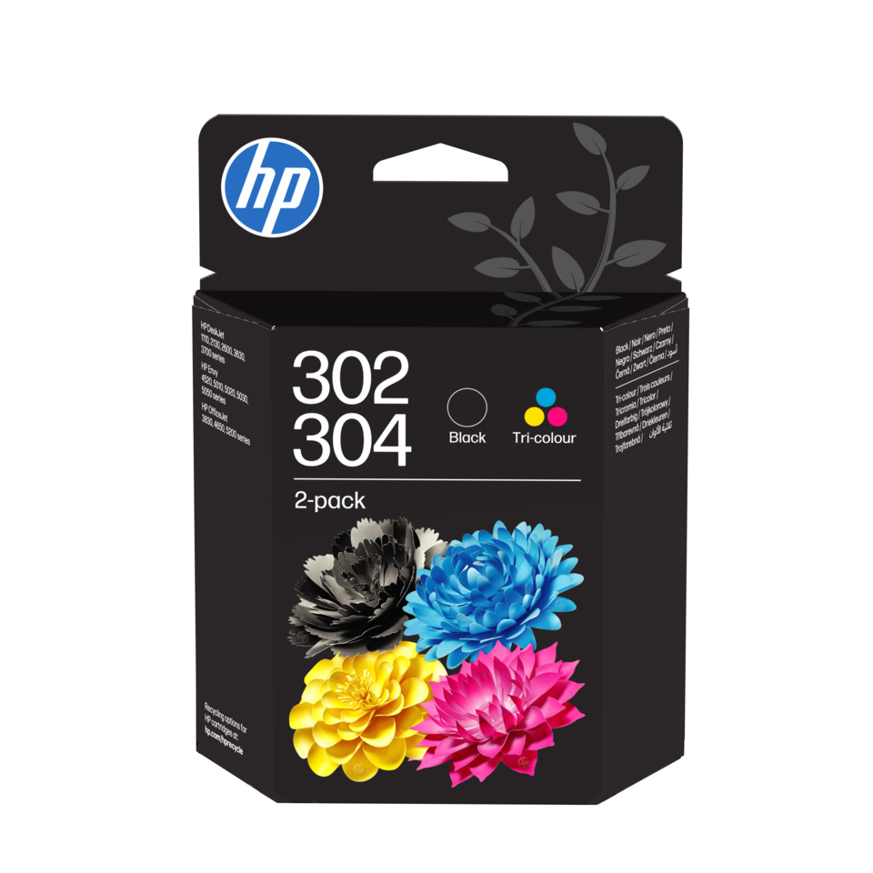 Tintenpatrone, HP, 2-Pack, Schwarz, Tri-Color, Druckertinten, Blumendesign, Kissenform