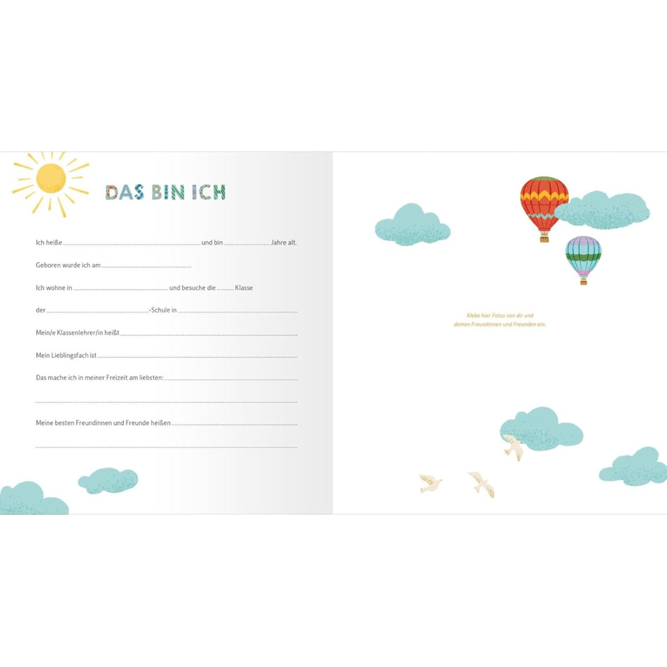 Schreibheft, Fragenbogen, Weltkugel, Sonne, Himmel-Illustration
