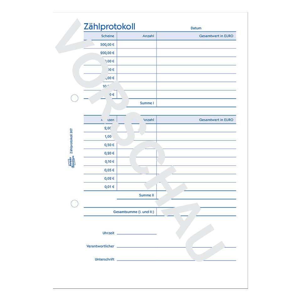 Zahlprotokoll, Formular, Kassenbeleg, Quittung, Unterschrift