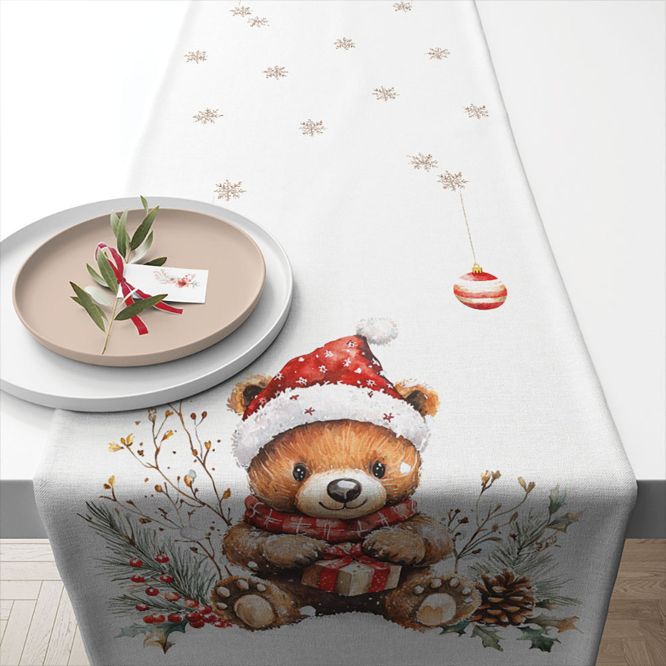 winter, table runner, bear, Santa hat, gift