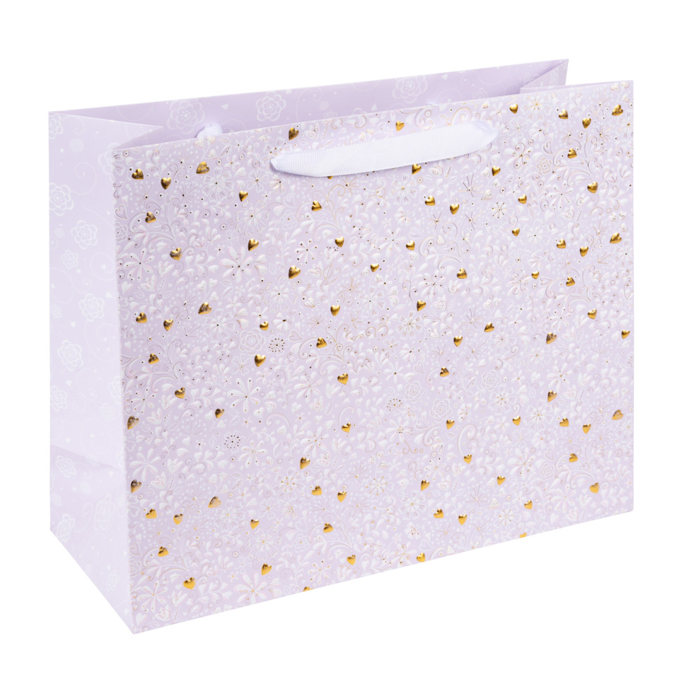 Geschenktüte, Papier, lila, Herzmuster, goldene Akzente