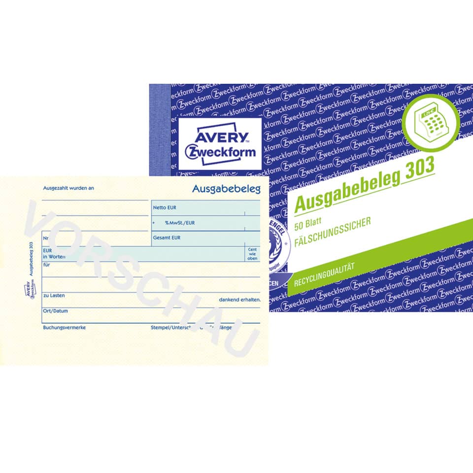Ausgabebeleg, Kassenauszug, Rechnungsvordruck, Ausgabebeleg 303, Fälschungsschutz