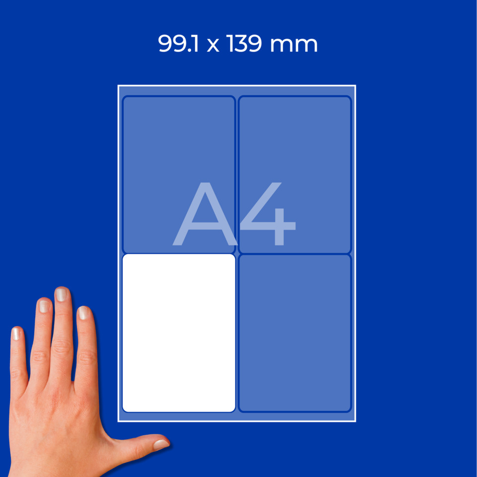 Etiketten, Drucketiketten, Klebkraft, Klimaneutral, Ultrastabil, A4, Notizblock, Kartenlayout, Papiergröße, Schwarz/Weiß Kontrast