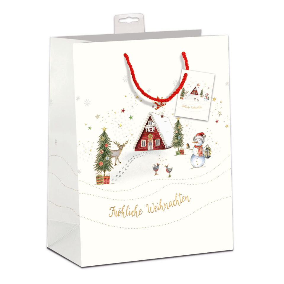 weihnachtsgeschenkverpackung, geschenktüte, winterlandschaft, hütte, schneemann