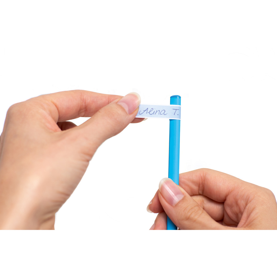 label, name-tag, blauer-stift, hand-halten, Papier-Etikett