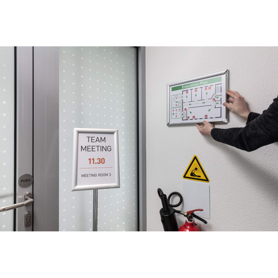 team meeting, meeting room, sign, evacuation plan, fire extinguisher