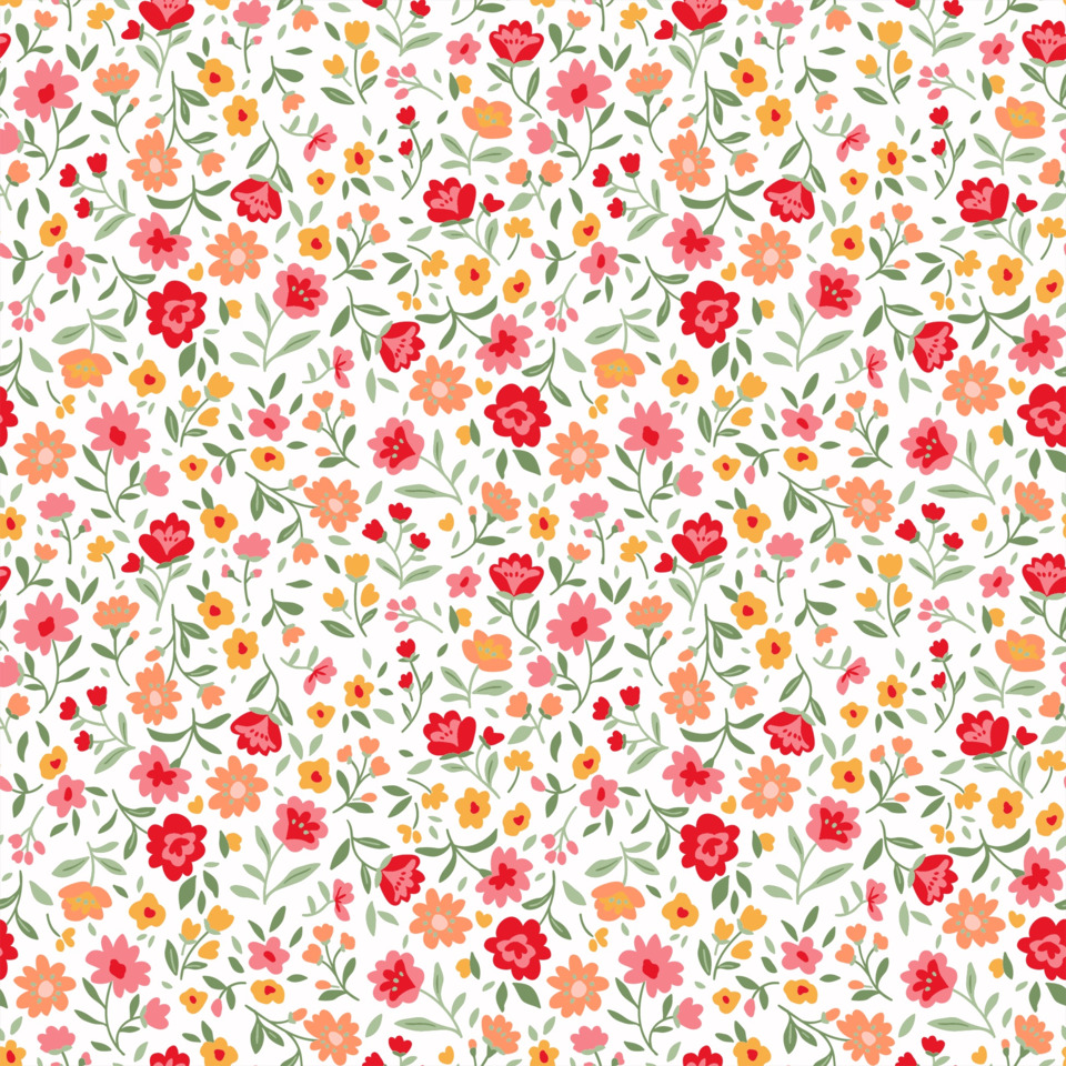 Blumiges Muster, Blumen Druck, sanftes Pink, rote Akzente, grüne Stiele