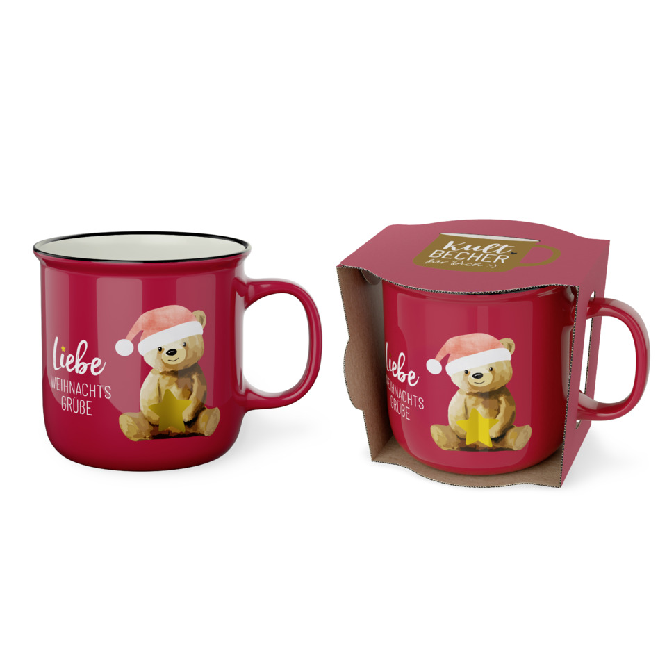 Tasse, Weihnachtsmotiv, Tee-/Kaffeetasse, Roter Becher, Teddy mit Geschenk
