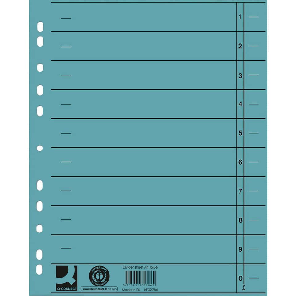 divider sheet, A4, blue, perforated, slots