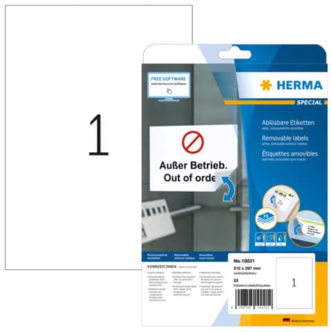 Etiketten ablösbar, 210x297mm, 25 Stück, weiß HERMA 10021