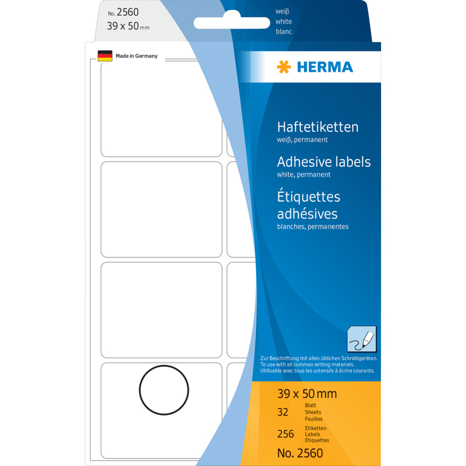Aufkleber, Etiketten, Klebeetiketten, Weiß, dauerhaft, 39 x 50 mm, Aufkleber, Etiketten, Klebeetiketten, Schriftband, Herma 2560