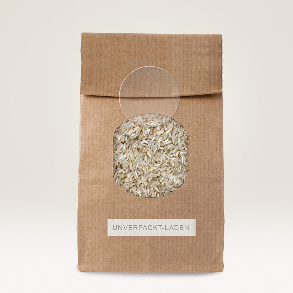 Reis, Rohreis, Sackverpackung, Unverpackt, Naturbrauner Karton