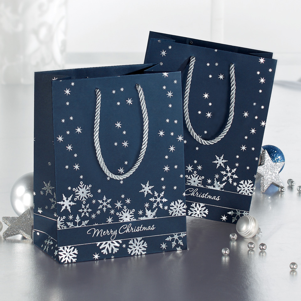Geschenkbeutel, Weihnachtsdesign, Schneeflocken, Schnurhenkel, Merry Christmas, Geschenketüte, Weihnachten, Schneeflocken, Nachtblau, Merry Christmas