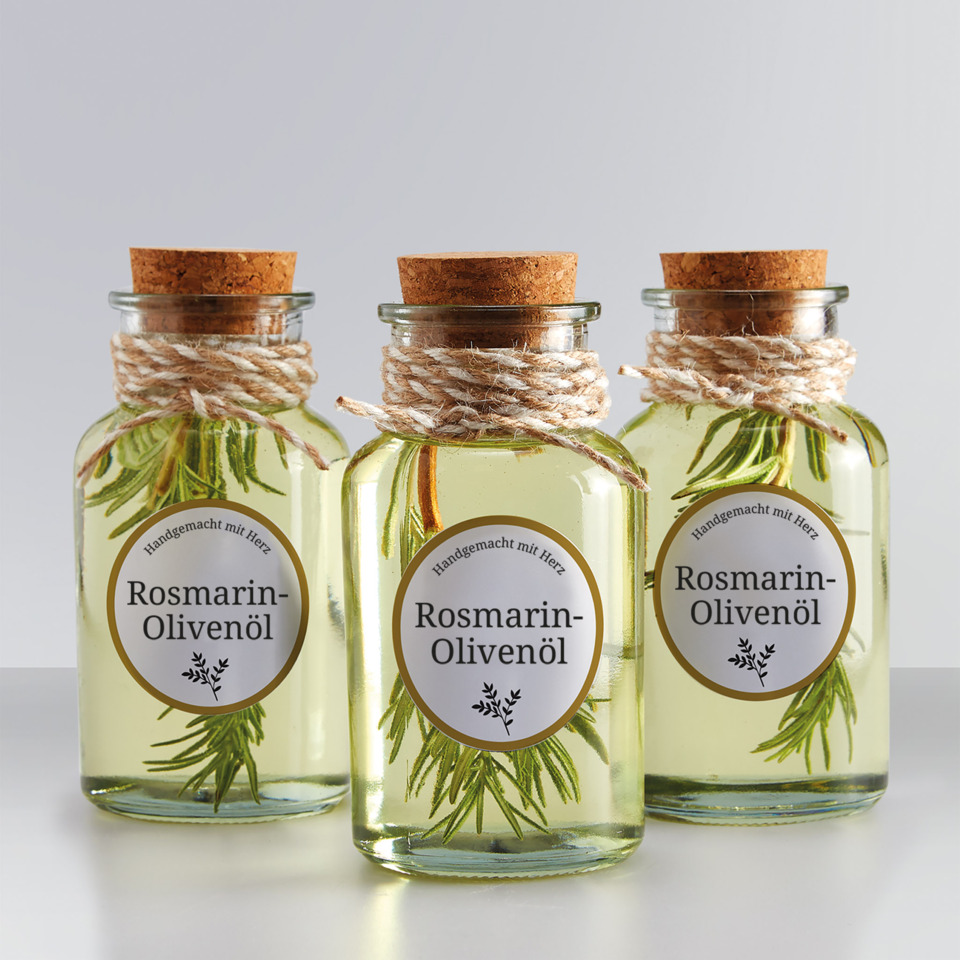 Rosmarin-Öl, Olivenöl, Kräuteröl, Glasflasche, Korkverschluss, Olivenöl, Rosmarin, Glasflasche, Korkverschluss, Raffinierter Duft