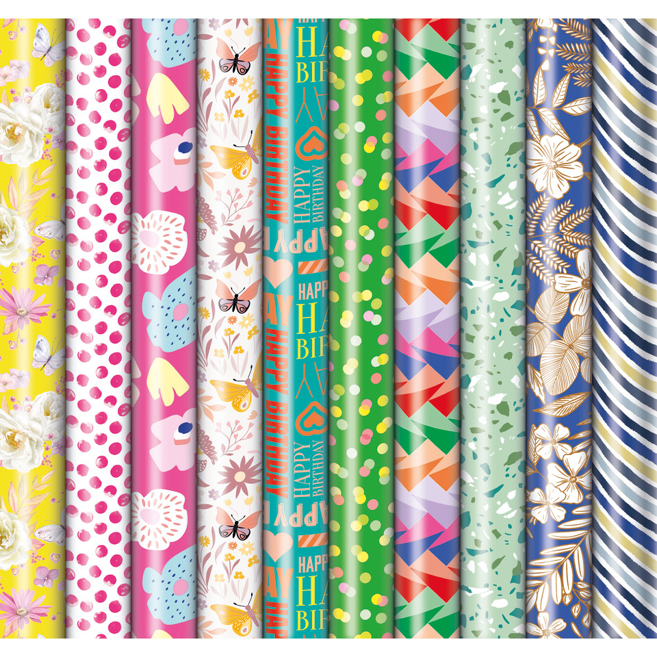 Papierrollen, Geschenkpapier, Musterband, Geburtstag, bunte Rollen