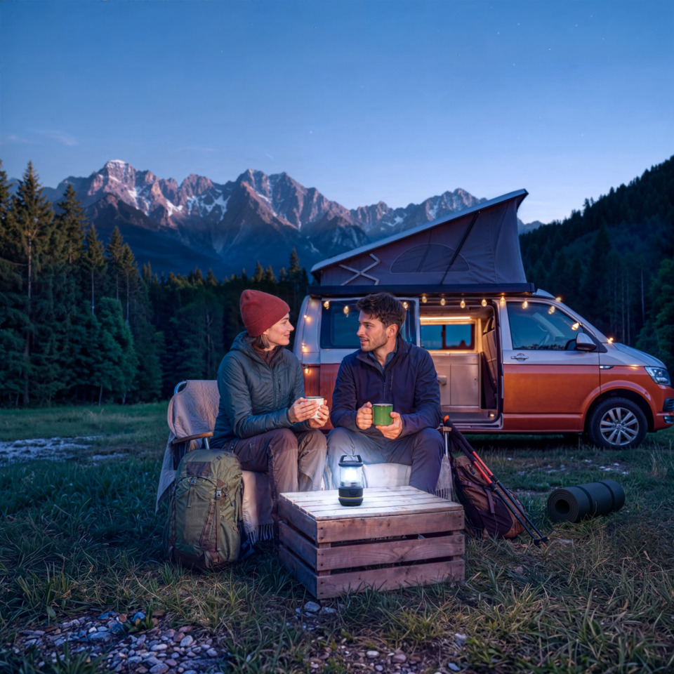 Camping, Campingausrüstung, Tisch, Laterne, Van