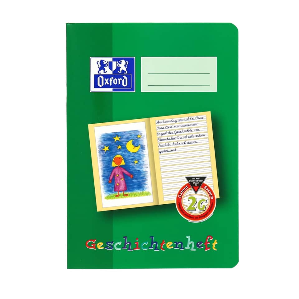 Schulheft, Geschichtenheft, Grünes Cover, Notizheft, Kartenaufkleber
