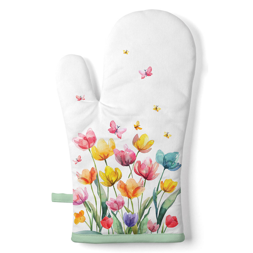 Topflappen, Küchenhandschuh, Blumenmotiv, Farbige Tulpen, Fliegende Schmetterlinge