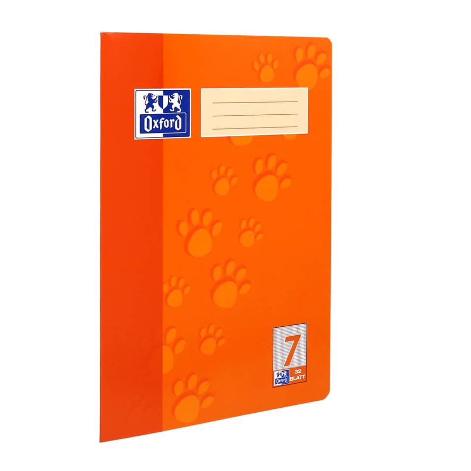 orange notebook, paw print pattern, A4 notebook, Oxford brand visible, lined label