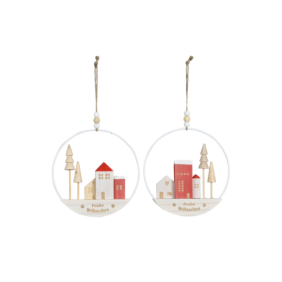 Holzornament, Weihnachtsornement, Stadtlandschaft, Weihnachtsbaumschmuck, Runde Dekoration