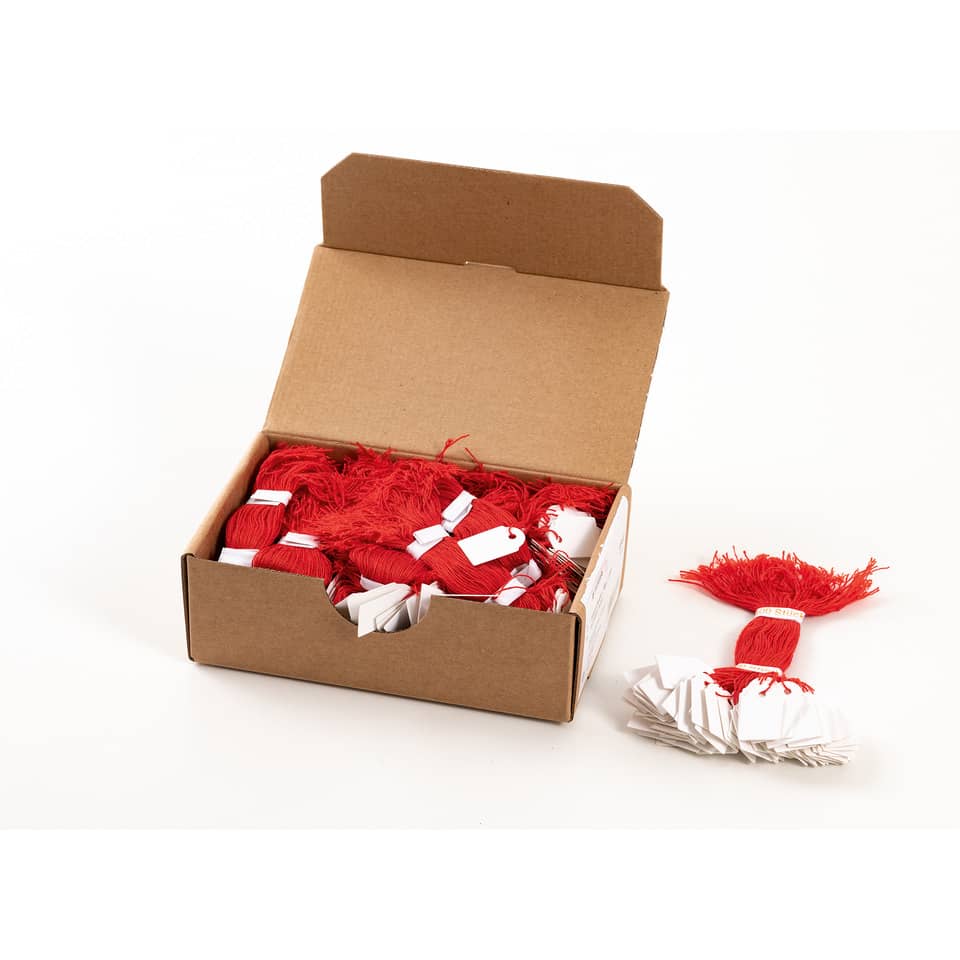 Hänge-Label, Rot-Threads, Kartonbox, Kordelband, Markieretiketten