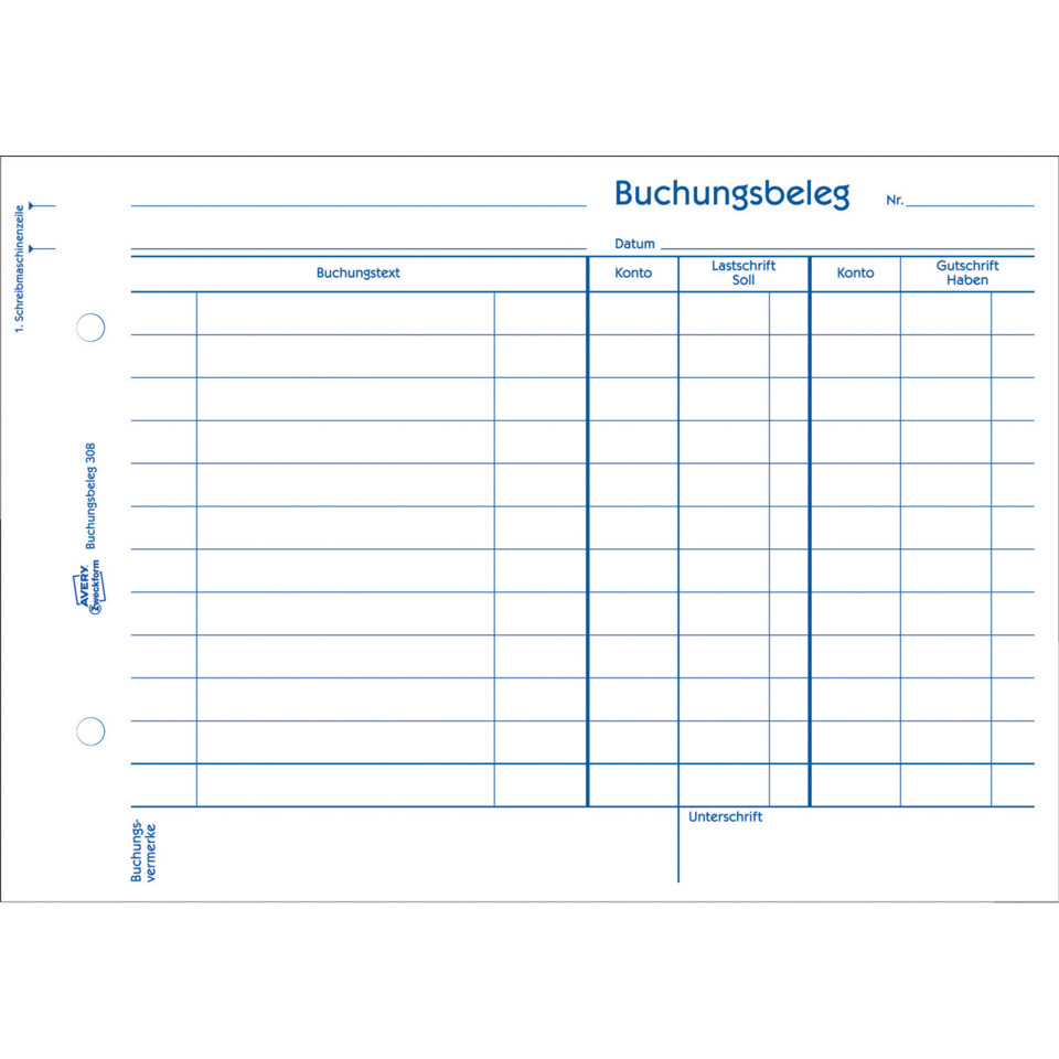 Buchungsbeleg, Kassenformular, Konto, Unterschrift, Datum