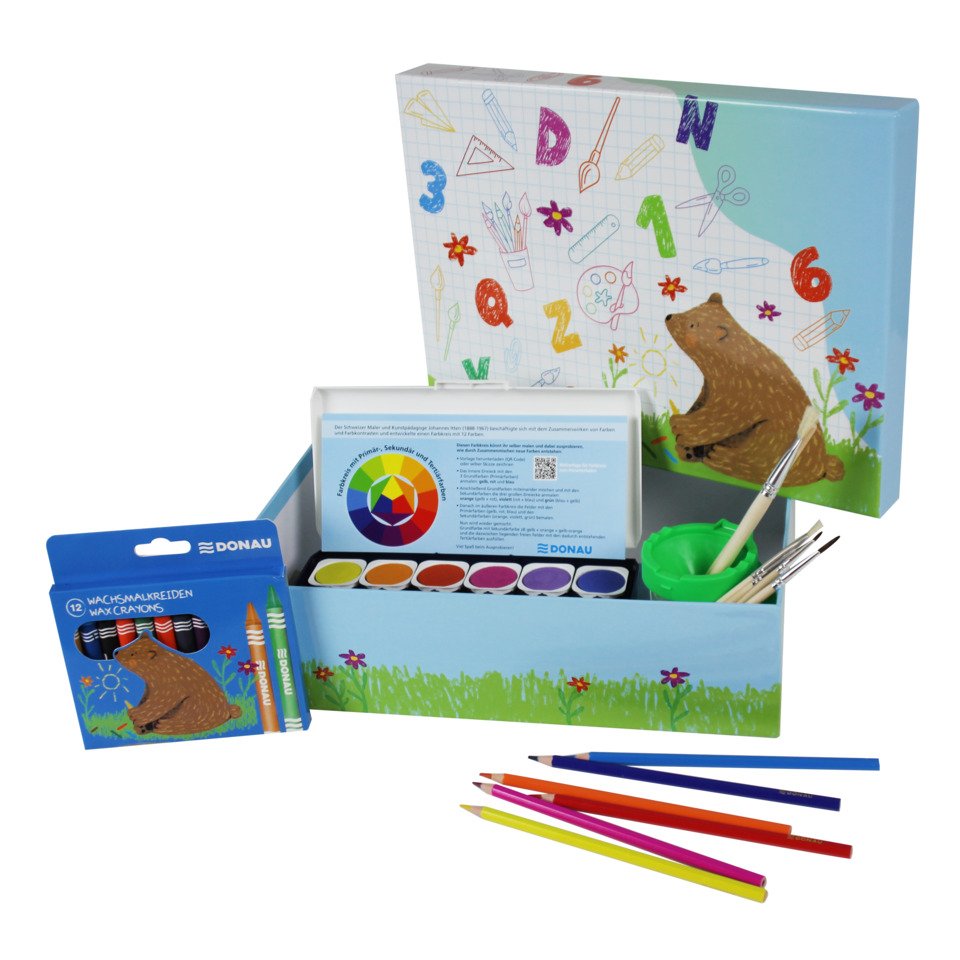 Kunstset, Wassermalfarben, Pinsel, Buntstifte, Schachtel