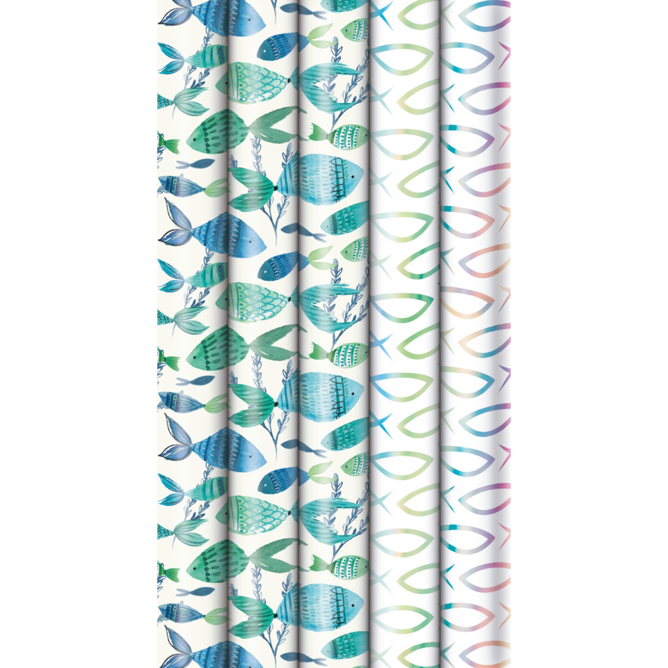 Wrapping paper, Seaside pattern, Fish motif, Ocean blue, Pastel pattern