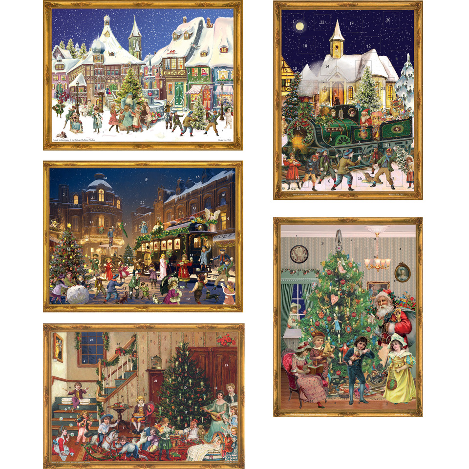 Adventskalender, Winterdorf, Schneelandschaft, Weihnachtsmarktszene, Goldrahmen
