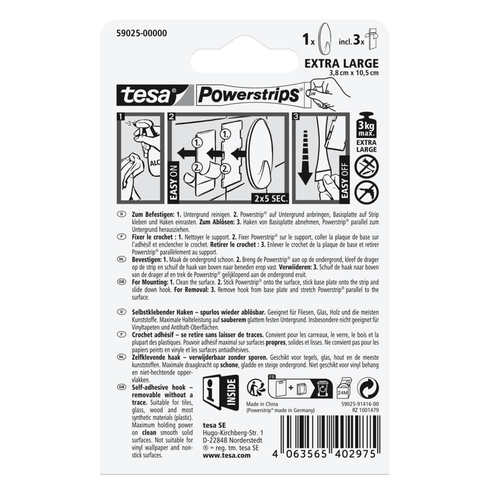 Powerstrips, Extra Large, 3.8 cm x 10.5 cm, selbstklebend, Klebebandstreifen