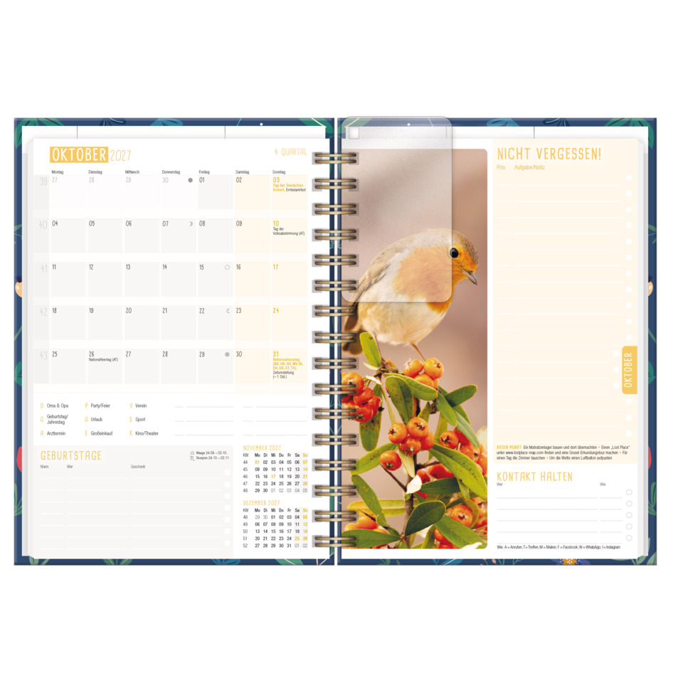 Planer, Kalender, Notizblock, Spiralbindung, Vogelmotiv