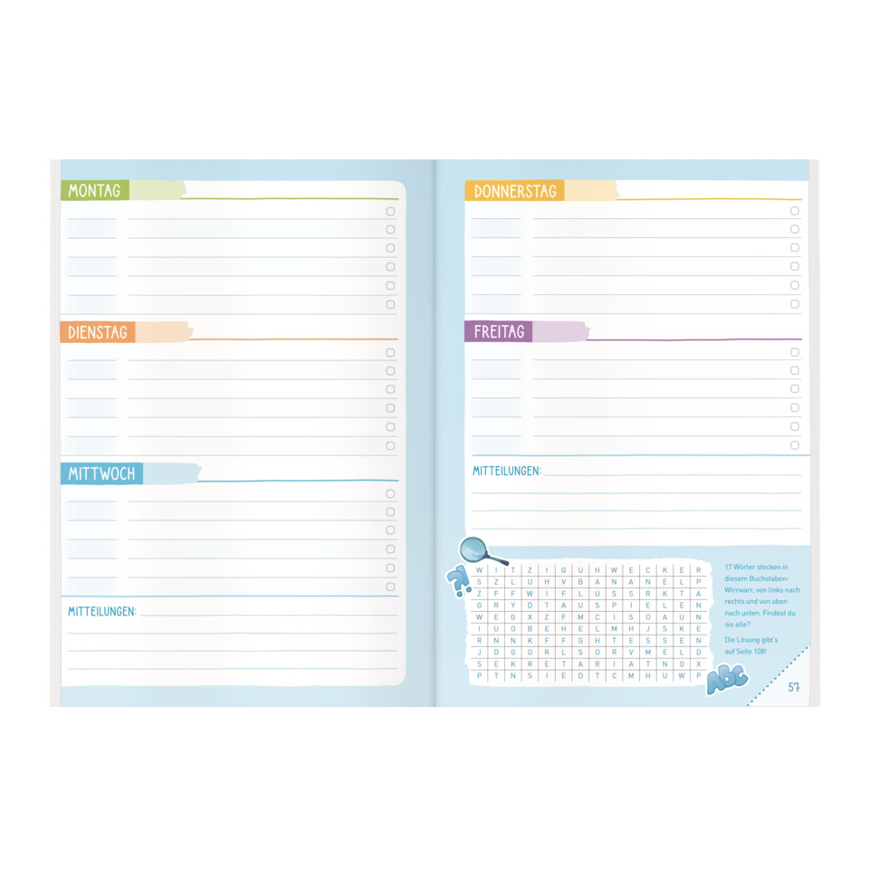 wochenplan, kalender, notizseite, layout, bunt