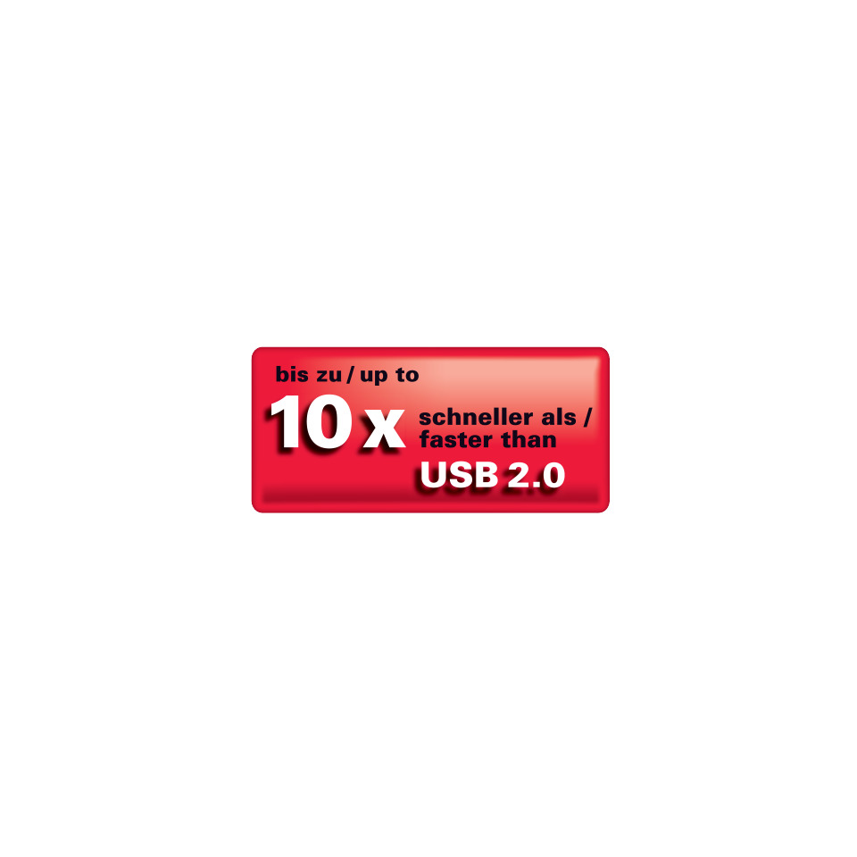 rot, USB 2.0, Werbebadge, bis zu 10x schneller, Promo