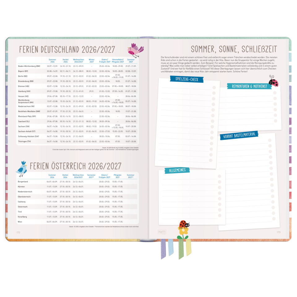 kalender, feriensplanung, seite, layout, notizen