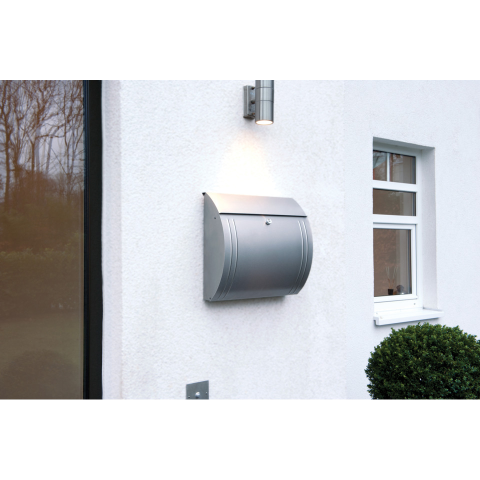 postbox, briefkasten, fassade, wandmontiert, metallisch-grau