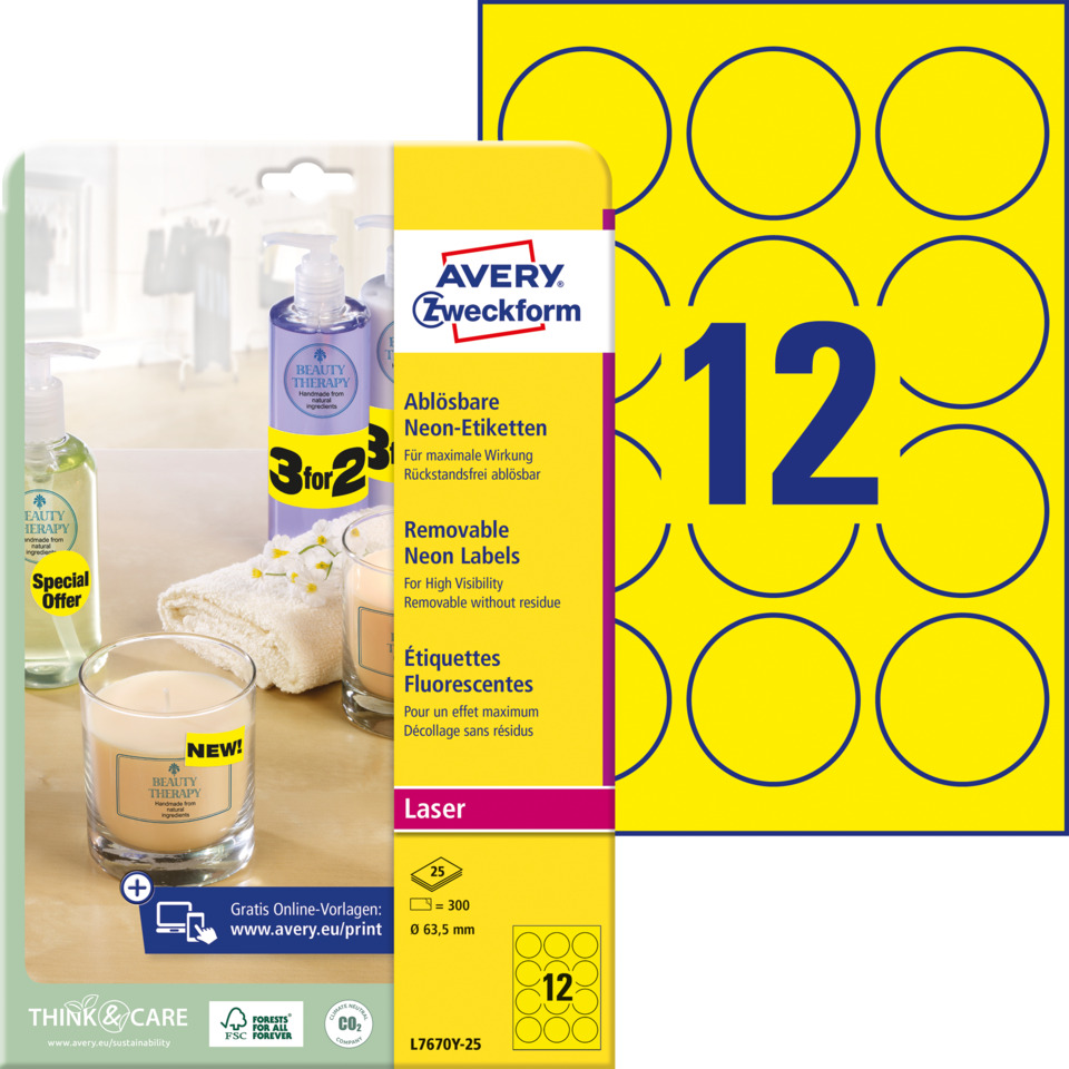 neon labels, entfernbare etiketten, Laser, Avery, Verpackung, Neon-Labels, Entnahmeetiketten, Laser, 12er Pack, Avery Think & Care