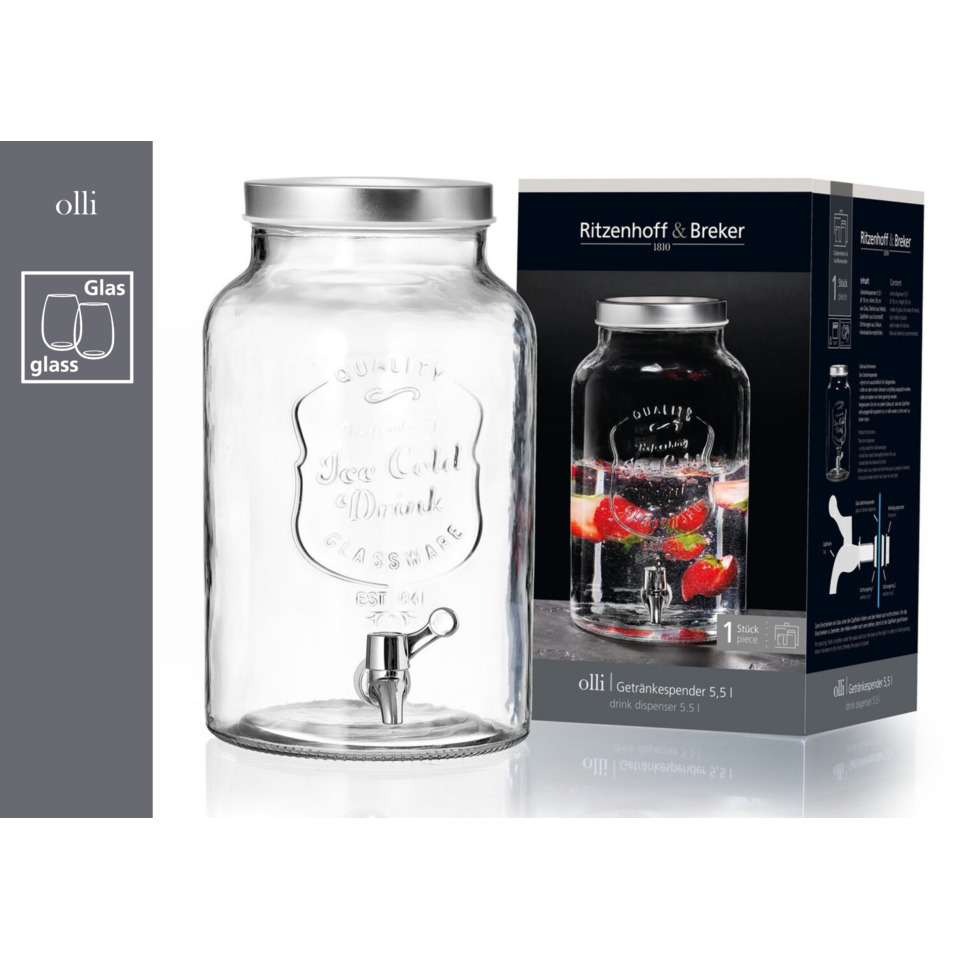 Glasbehälter, Getränkespender, Glass Jar, Metalldeckel, Fassungsvermögen 5,5 l