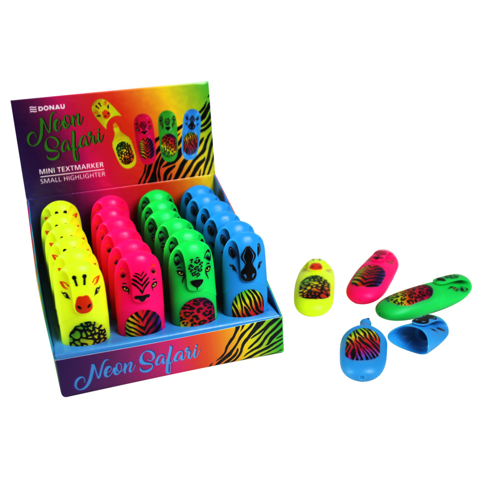 Neon-Textmarker, Mini-Stifthalter, Textmarker-Set, Tierprint, Neon-Farben