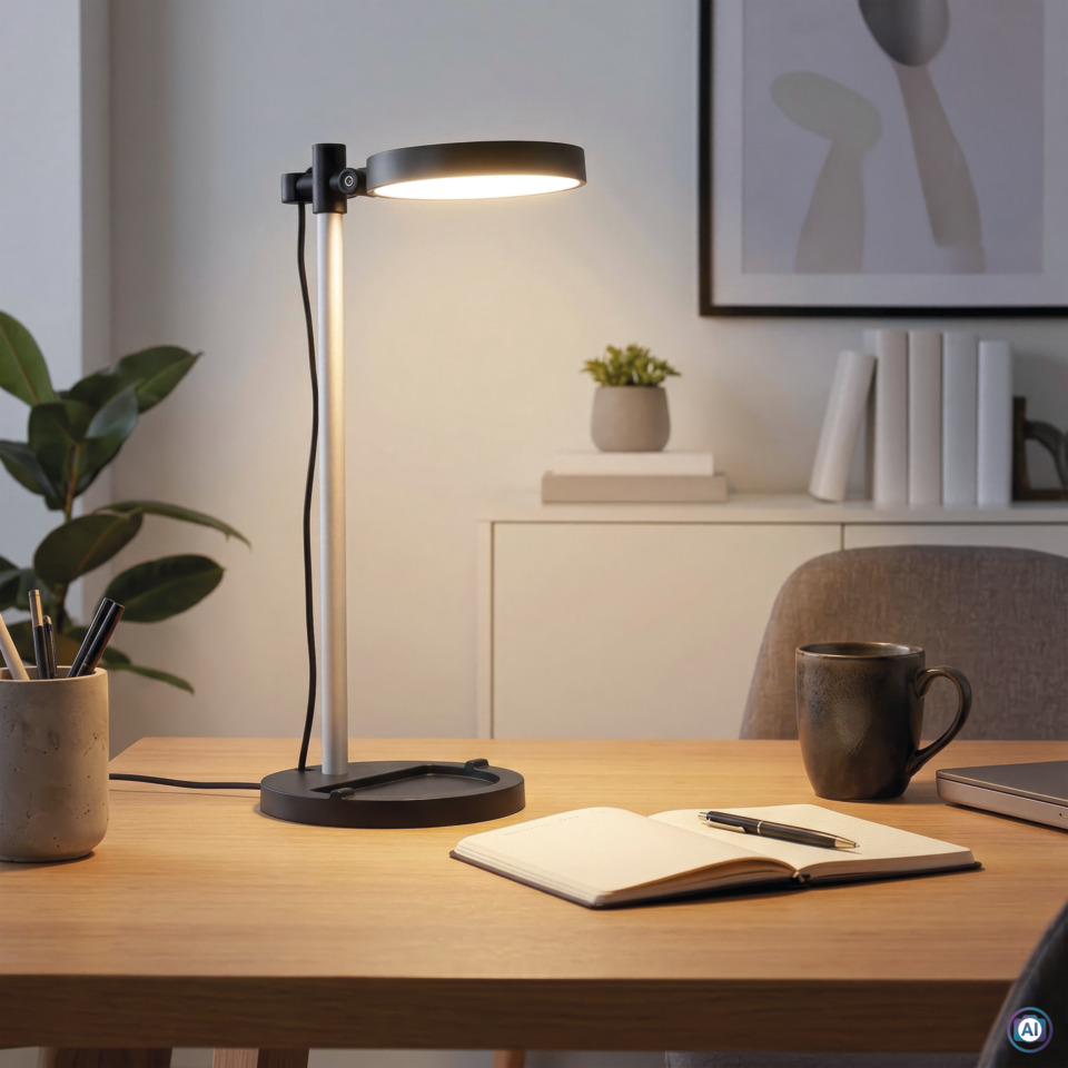 tischlampe, arbeitsplatz, schreibtisch, notizbuch, kaffeebecher