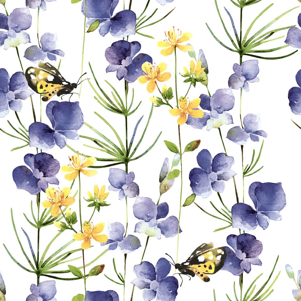 Floral pattern, Lavendelblüten, Gelbe Blüten, Schmetterlinge, Botanischer Druck